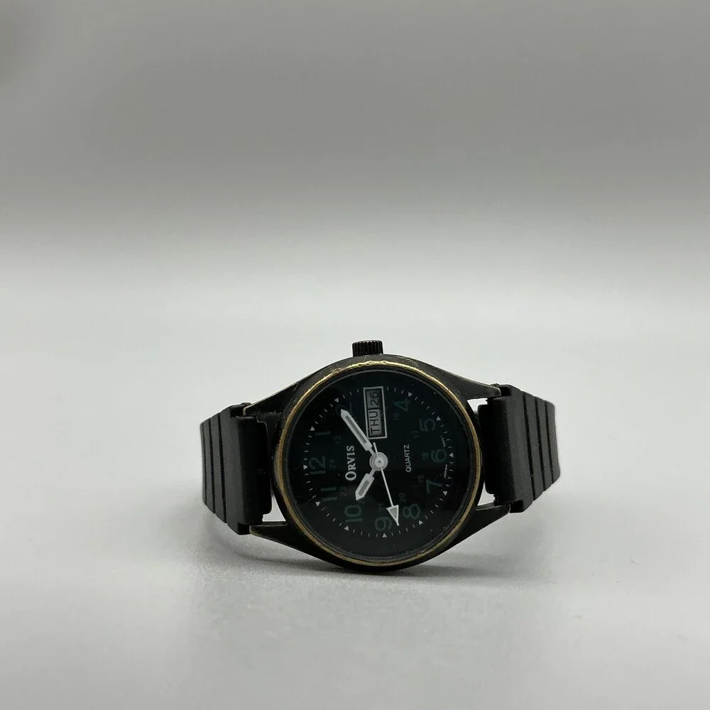 Vintage Orvis Womens Watch 24mm Black Dial Rubber Strap Day Date New Battery